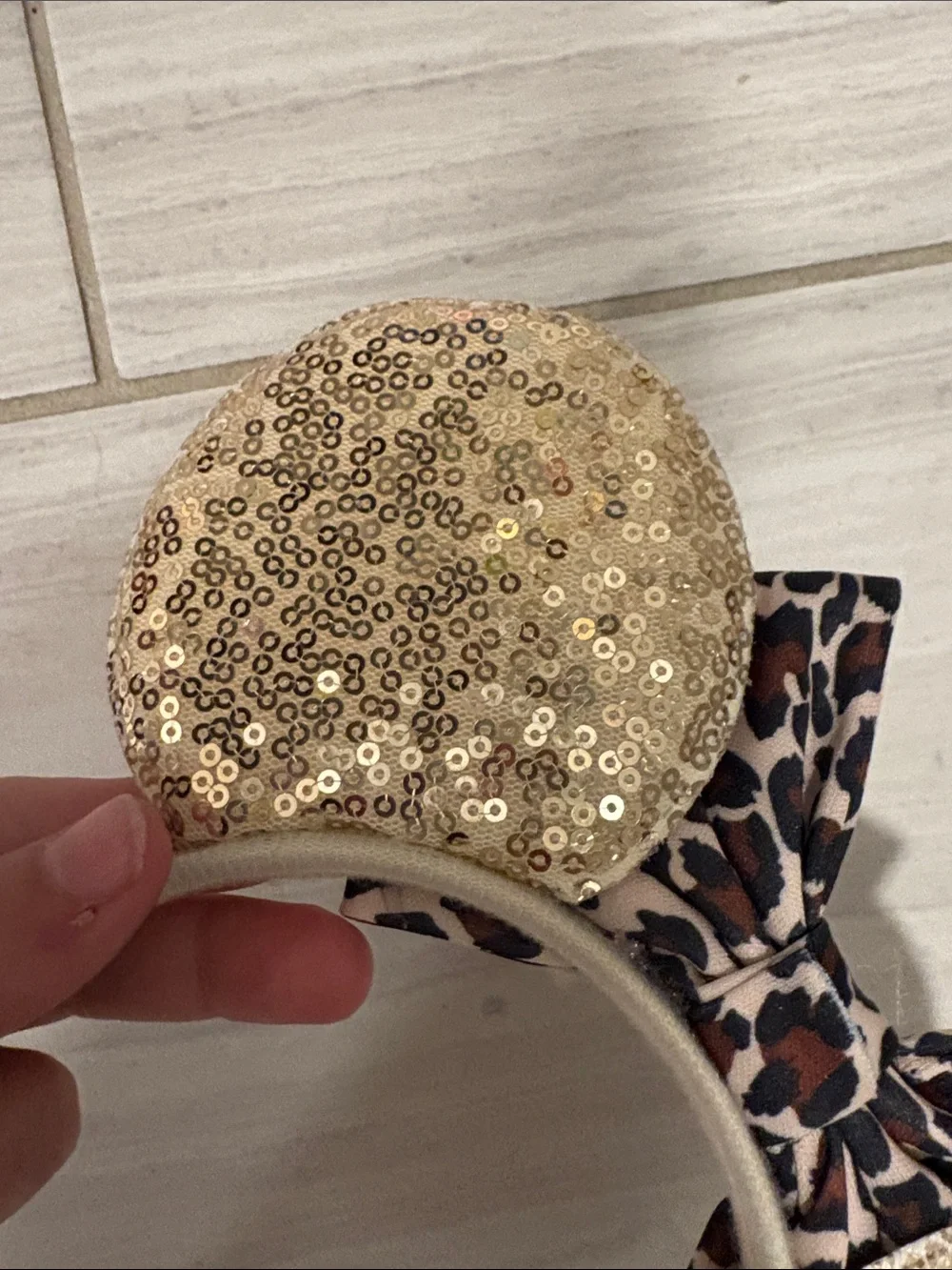 Gold Sequin Minnie Ears Headband with Leopard Bow - Kids Accessories